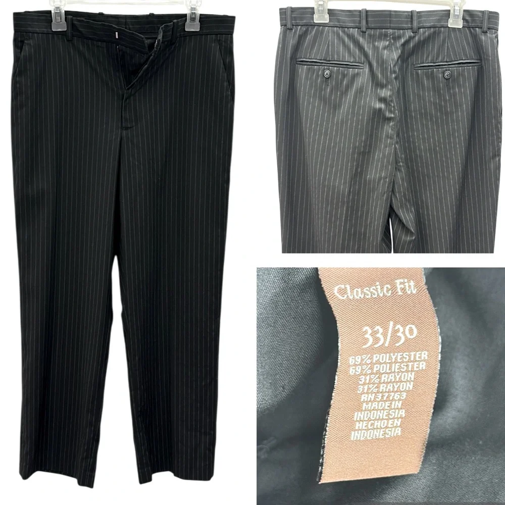 Perry Ellis Black Pinstripe 4 Pocket Flat Front Straight Dress Pants Men 33 x 30